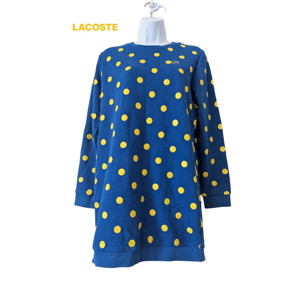 Lacoste Polka Dot Sweatshirt Dress Blue Yellow Long Sleeve Size 40 Cotton